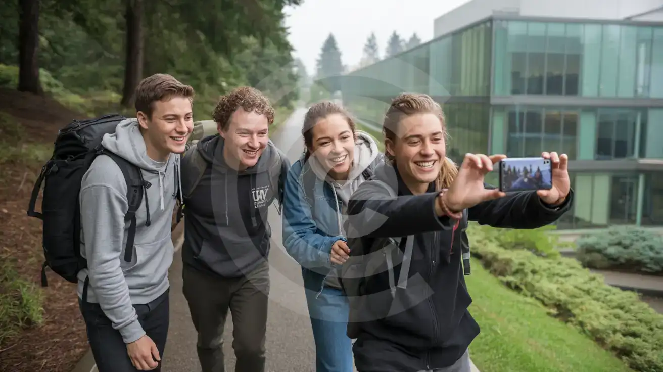 University student friends filming on the Burke-Gilman Trail near the Burke Museum at UW Seattle