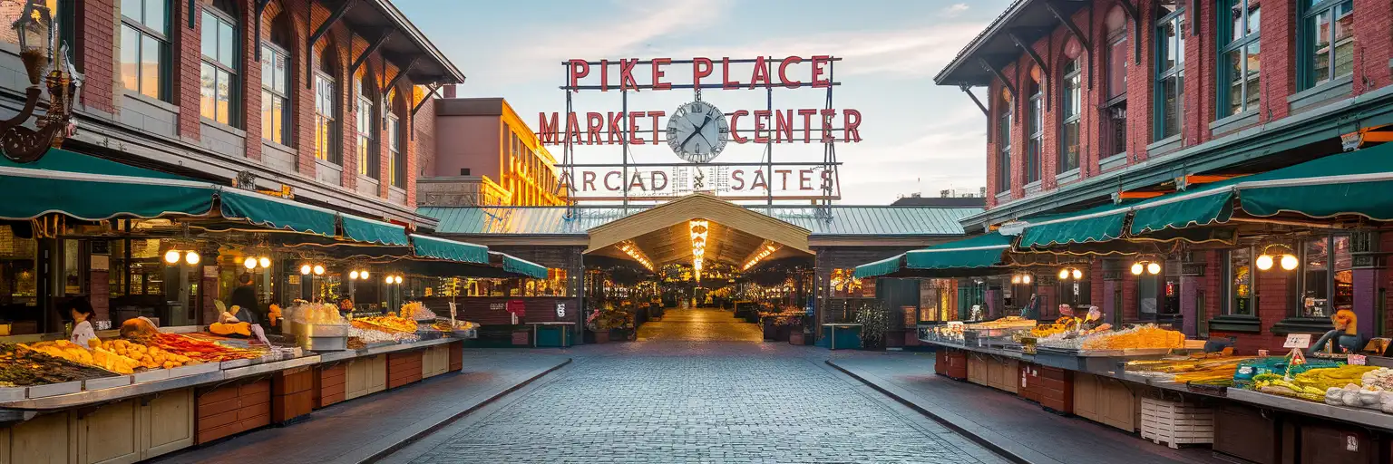 Pike Place Market Main Arcade entrance with the iconic Public Market Center neon sign and clock at golden hour in Seattle