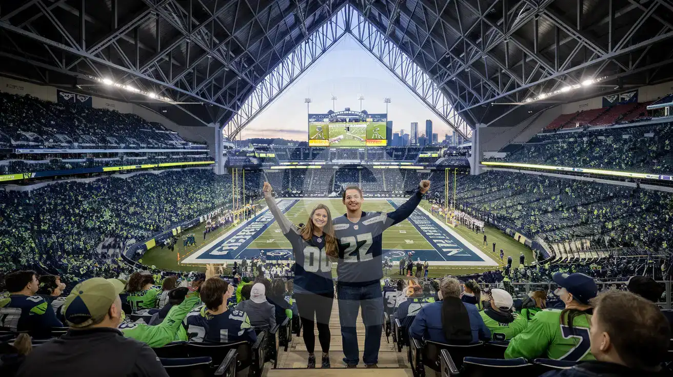 Mixed couple cheering at a live Seahawks game inside Lumen Field with packed crowd and players on the field