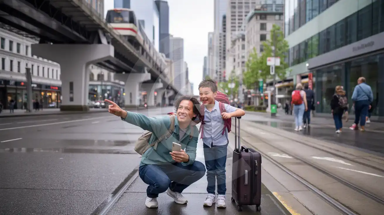 Family near the Westlake monorail corridor in Downtown Seattle with phone in hand and luggage