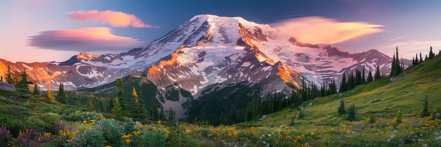 Snow-capped Mount Rainier rising above wildflower meadows at golden hour with evergreen forests on the slopes