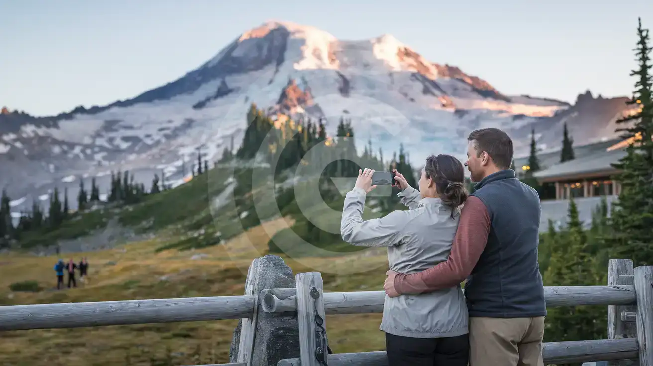 Honeymoon couple at Sunrise Visitor Center overlooking Mount Rainier's glaciated summit while filming with smartphone