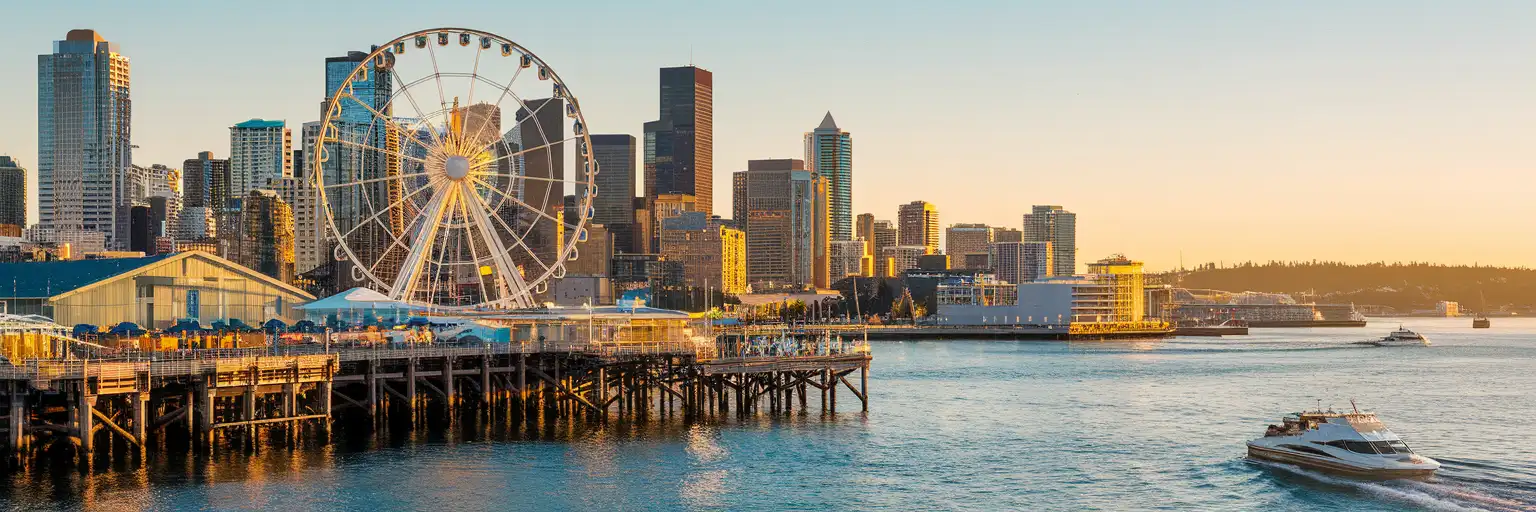 Golden-hour exterior view of the Seattle Great Wheel and central Seattle Waterfront promenade along Elliott Bay