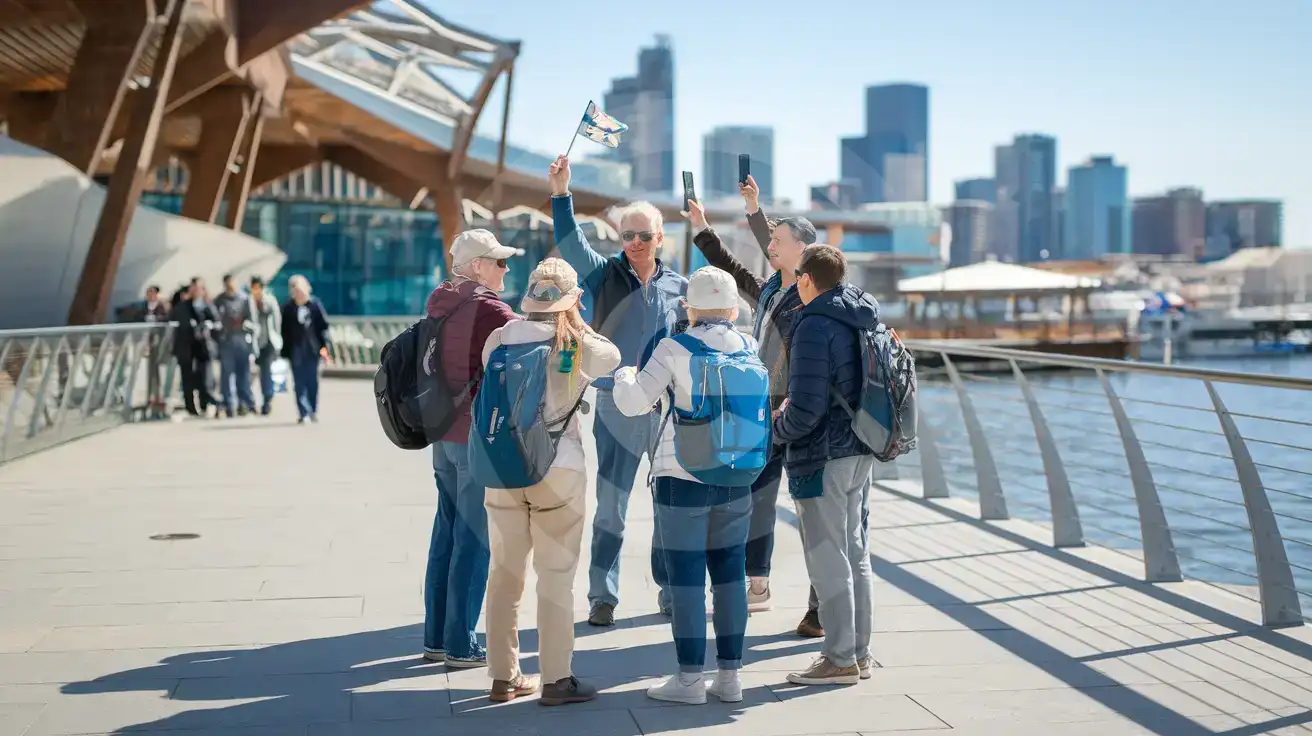 Guided tour group filming along the Seattle Aquarium promenade at Seattle Waterfront in Seattle