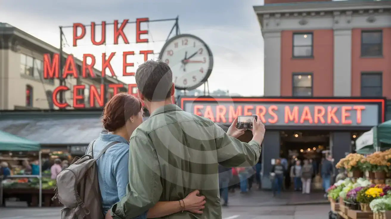 Couple photographing Pike Place Market's iconic neon sign in Seattle