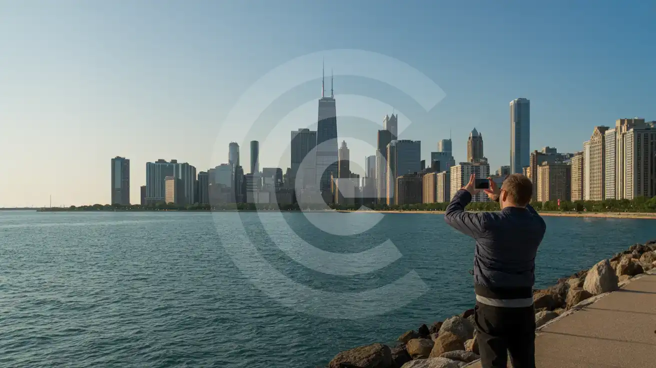 Reiziger die de skyline van Chicago fotografeert vanaf Lake Michigan tijdens het blauwe uur