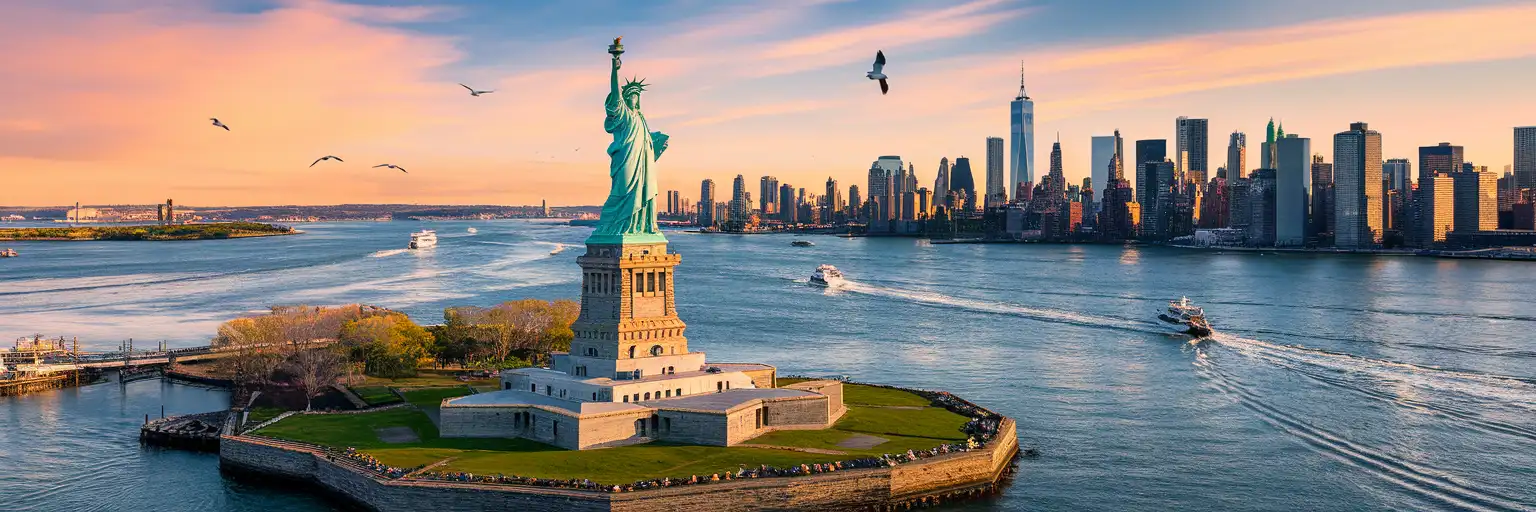 The Statue of Liberty stands in New York Harbor at golden hour with the Manhattan skyline visible in the distance