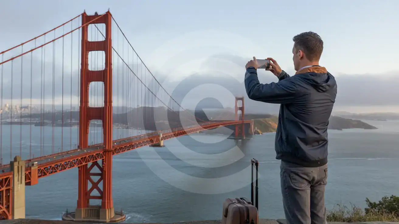 A solo male traveler photographs the Golden Gate Bridge from Battery Spencer overlook on a foggy San Francisco morning