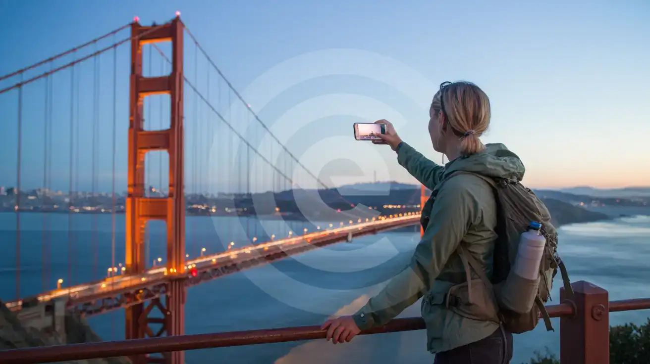 Alleenreizende vrouw fotografeert de Golden Gate Bridge tijdens het blauwe uur vanaf het uitkijkpunt Battery Spencer