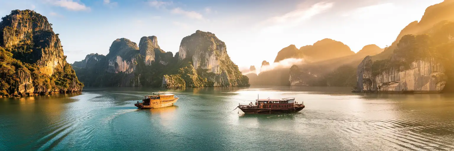 Ha Long Bay limestone karsts rising from emerald waters at golden hour with traditional junk boats scattered across the seascape