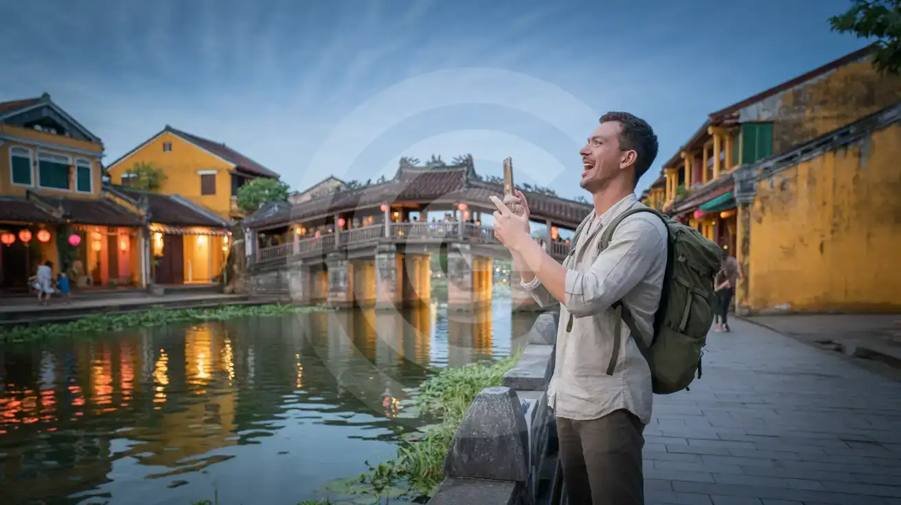 Solo male traveler filming the Japanese Covered Bridge in Hoi An Ancient Town at blue hour with silk lanterns glowing along the canal