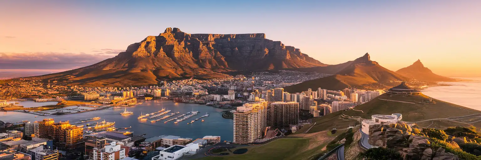 Table Mountain rising above Cape Town with the Victoria and Alfred Waterfront and Atlantic Ocean visible at golden hour