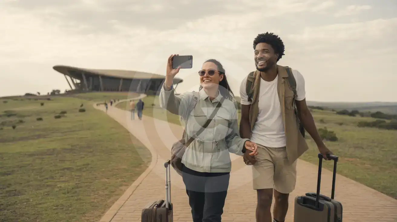A couple photographing the Cradle of Humankind visitor center near Johannesburg with smartphone in hand and travel gear visible